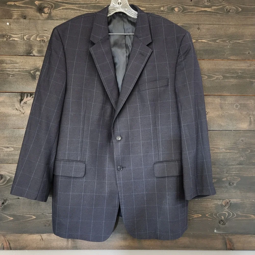 Jos A Bank Blazer Mens 46R Navy Windowpane Wool Sport Coat Jacket Plaid